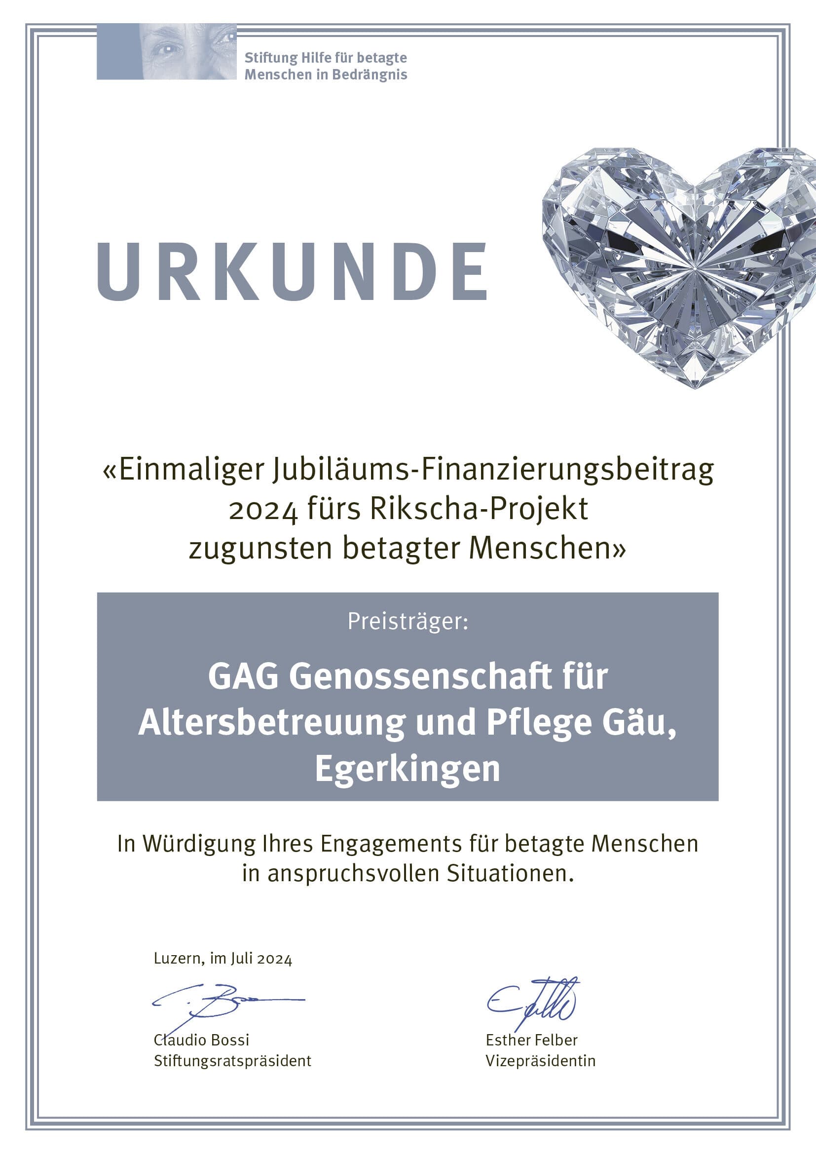 Urkunde Rikscha Jubilaeum