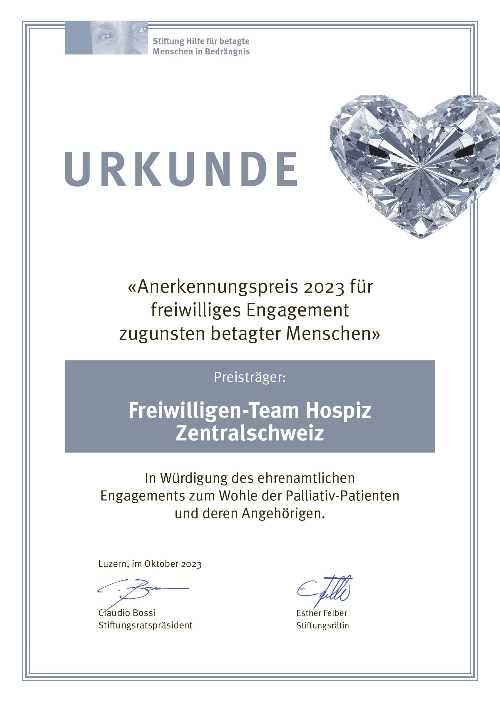 BEME Anerkennungspreis23 Hospiz Zentralschweiz